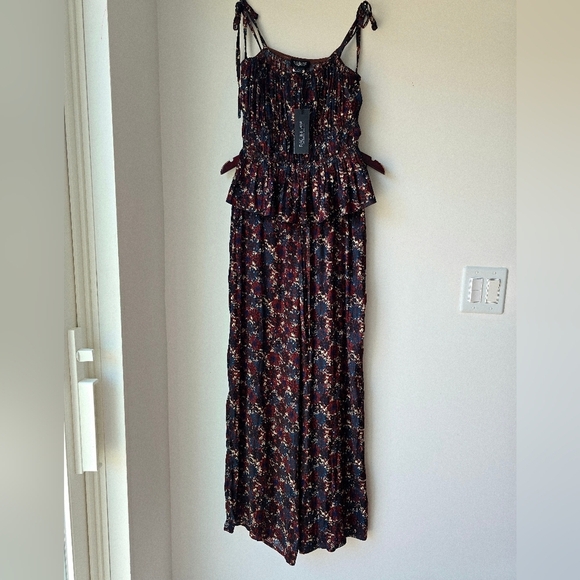 RACHEL ZOE Satin Floral Dark Blue SET Spagetti Top Elastic Wide Legs Pants S - Picture 1 of 14